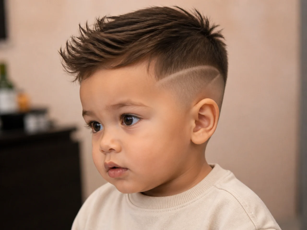 Side view of a toddler haircut with a shaved line above the ear