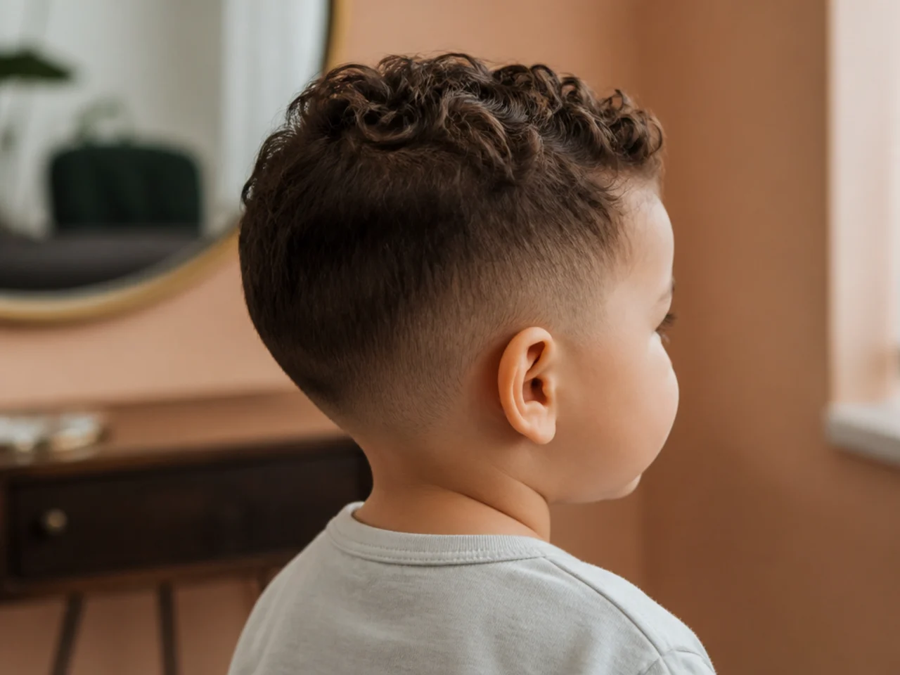 A toddler boy with a two-guard taper at the side