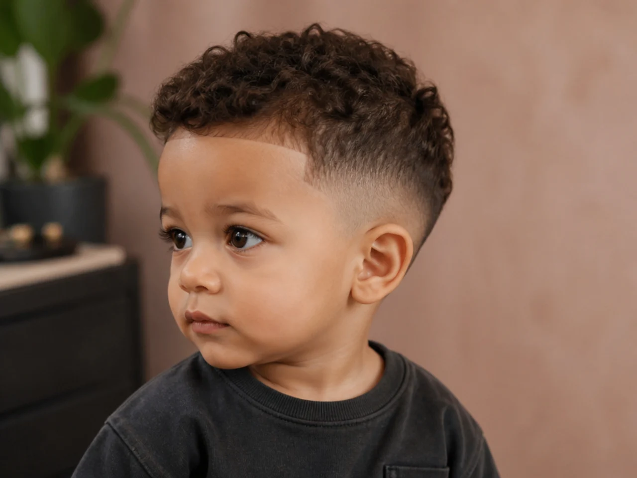 A toddler boy with a soft arc shape around the ear