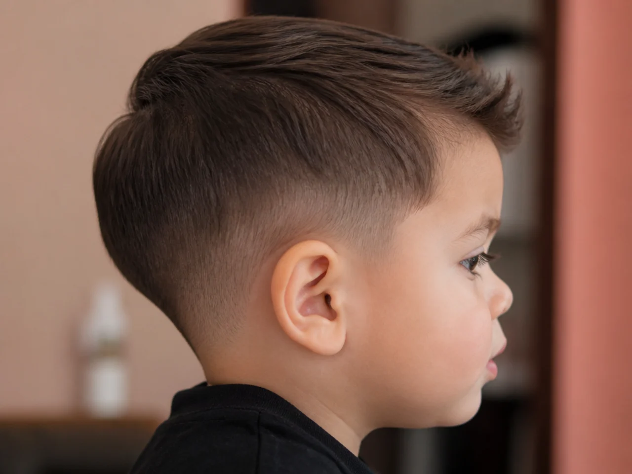 A toddler boy with shorter hair at the back and longer sides