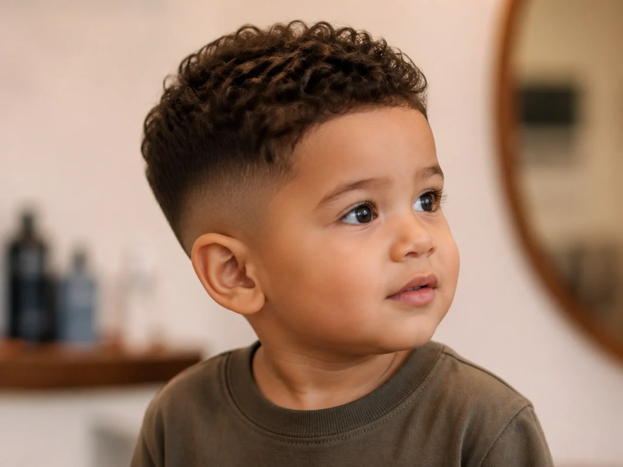 A toddler boy with a high taper and short sides