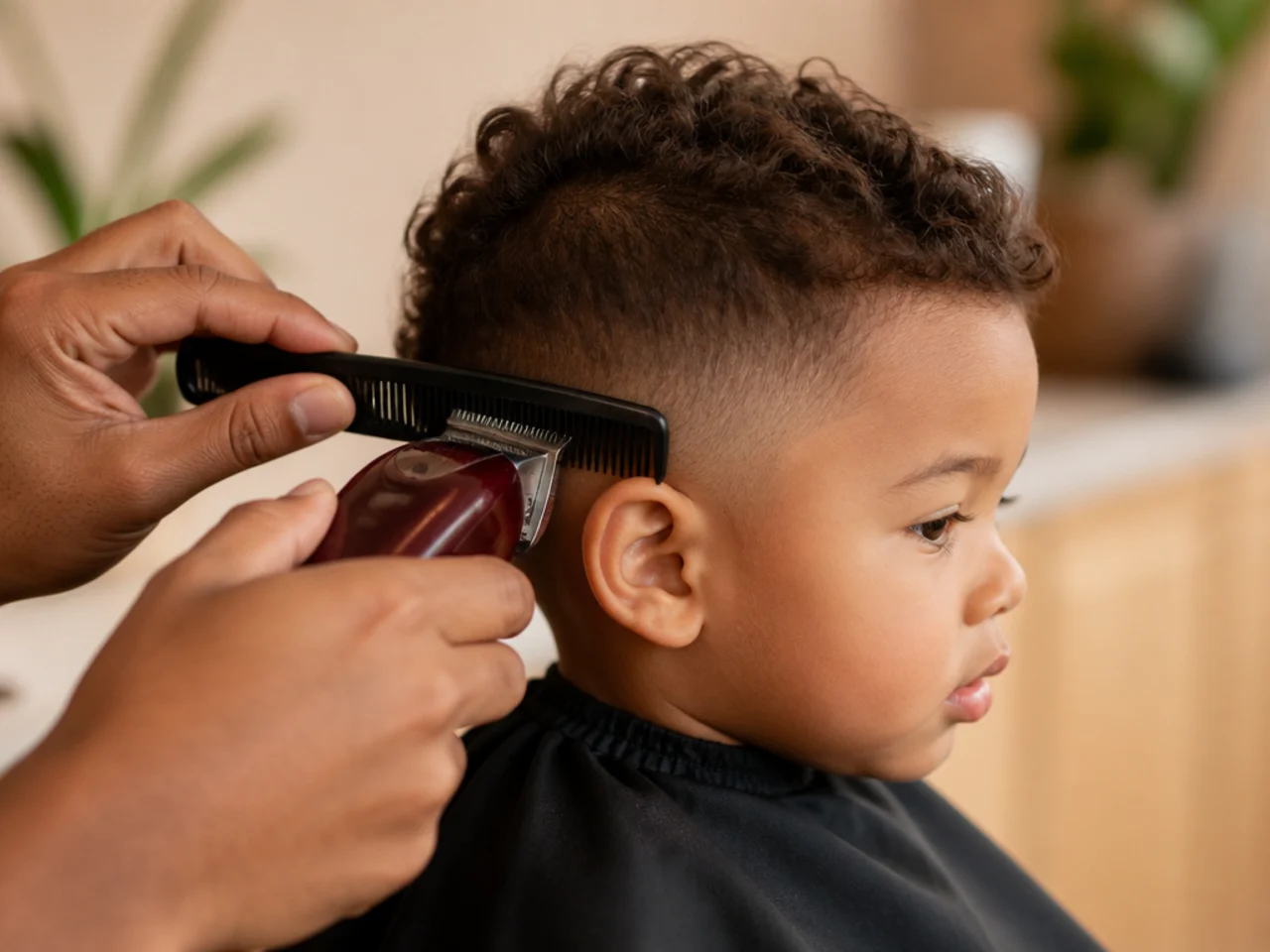 Clippers being run over a comb held away from a toddler's head