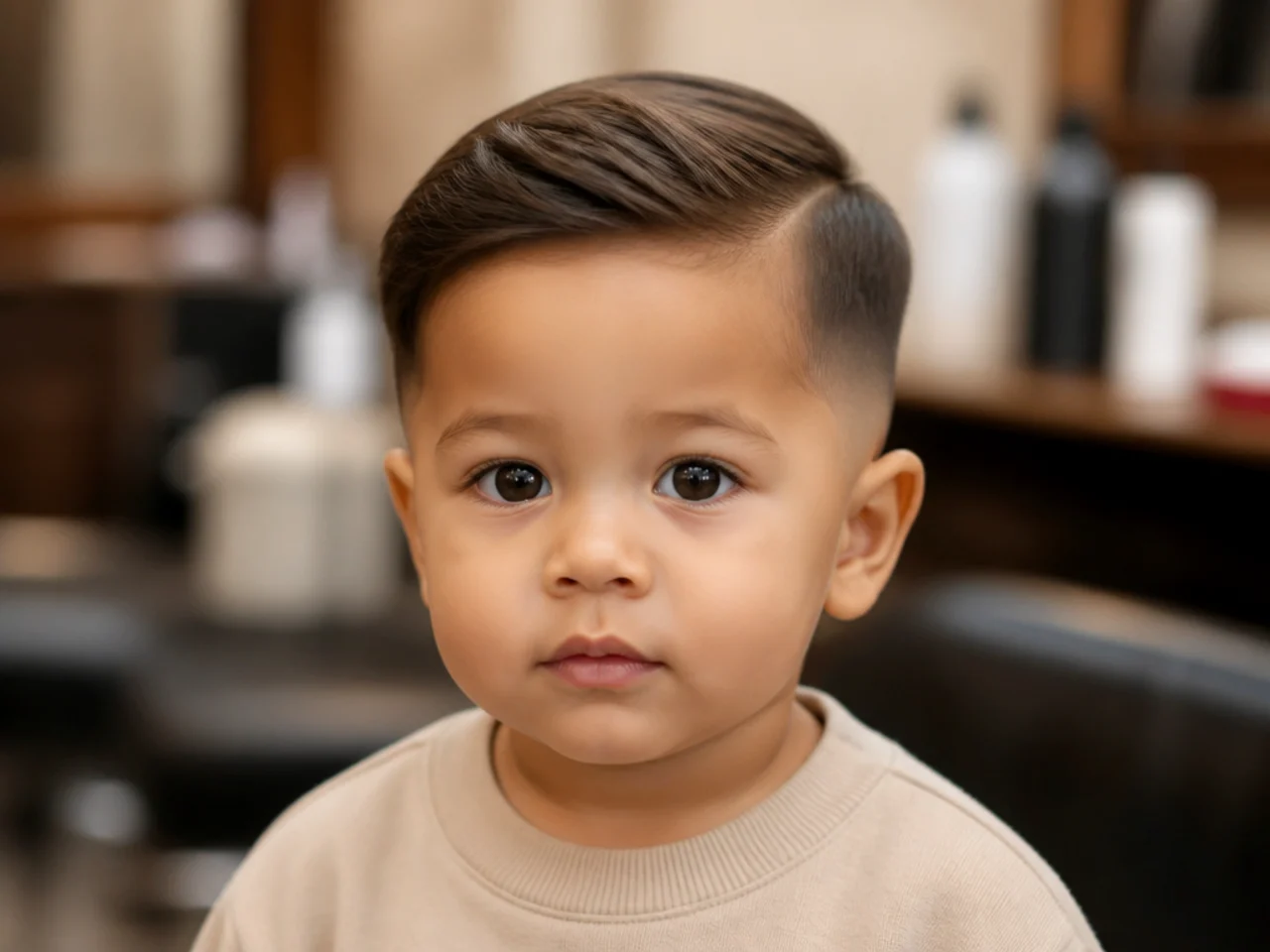 A toddler boy with hair tapered behind the ear
