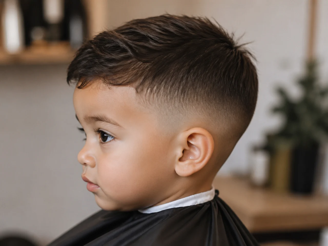 A toddler boy with a partly clippered side finished with scissors