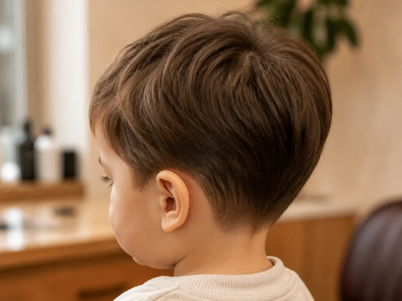 A toddler boy with longer tapered hair around the ears