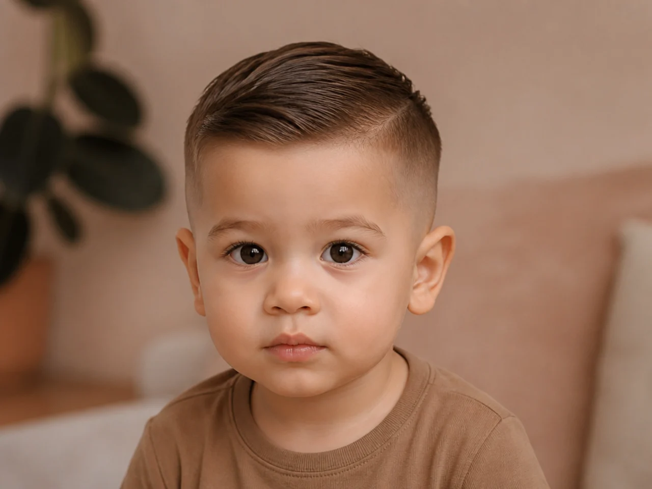 A toddler boy with a short neckline and longer hair above it