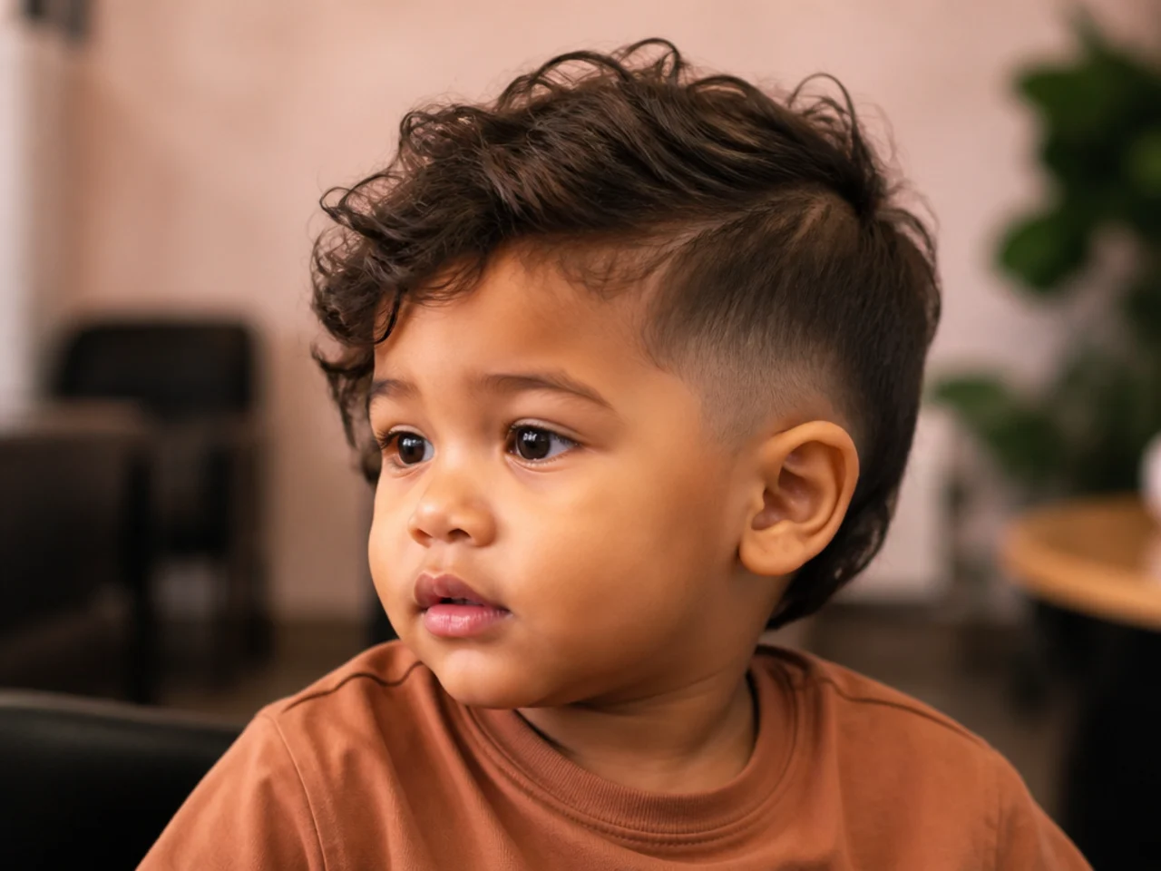 A toddler boy with one side tapered and the other untouched