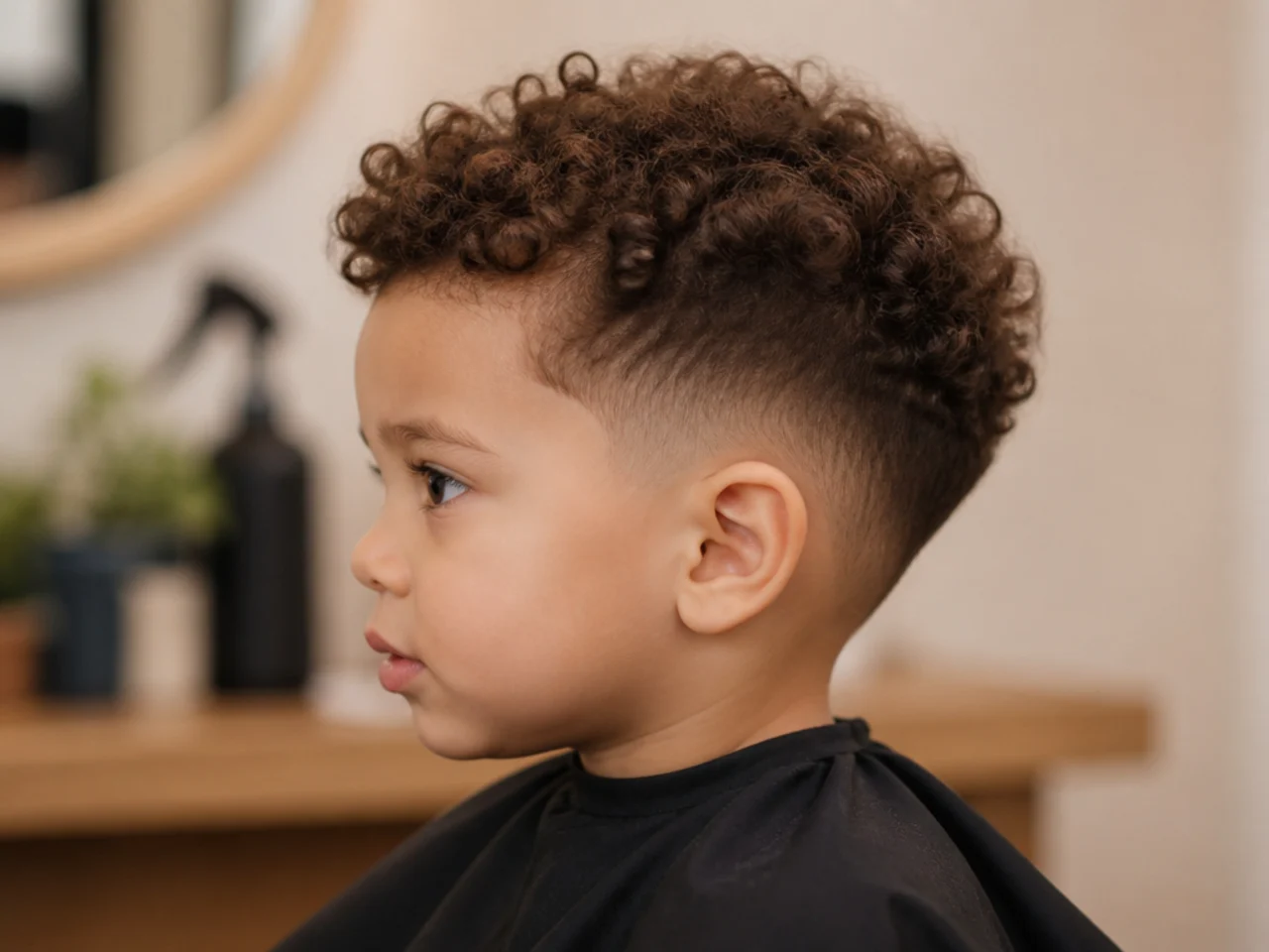 A toddler boy with curly hair on top and a low taper beneath