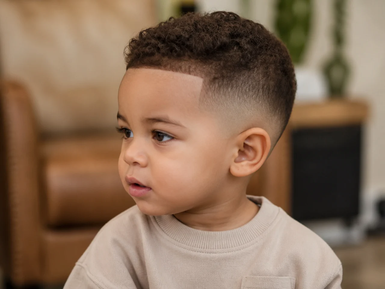 Side view of a toddler boy with a low tapered haircut