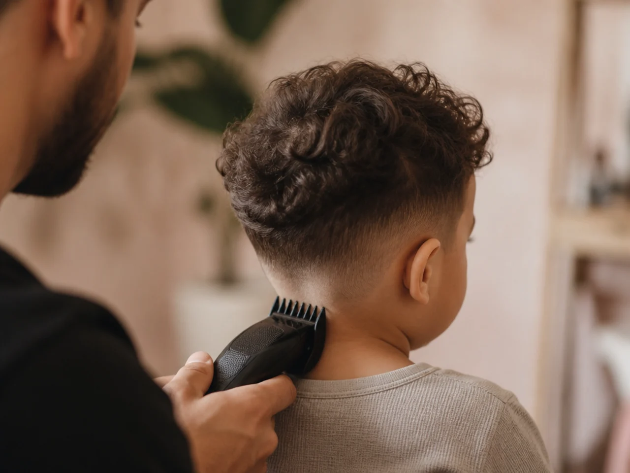 A parent holding clippers with a guard attached beside a toddler