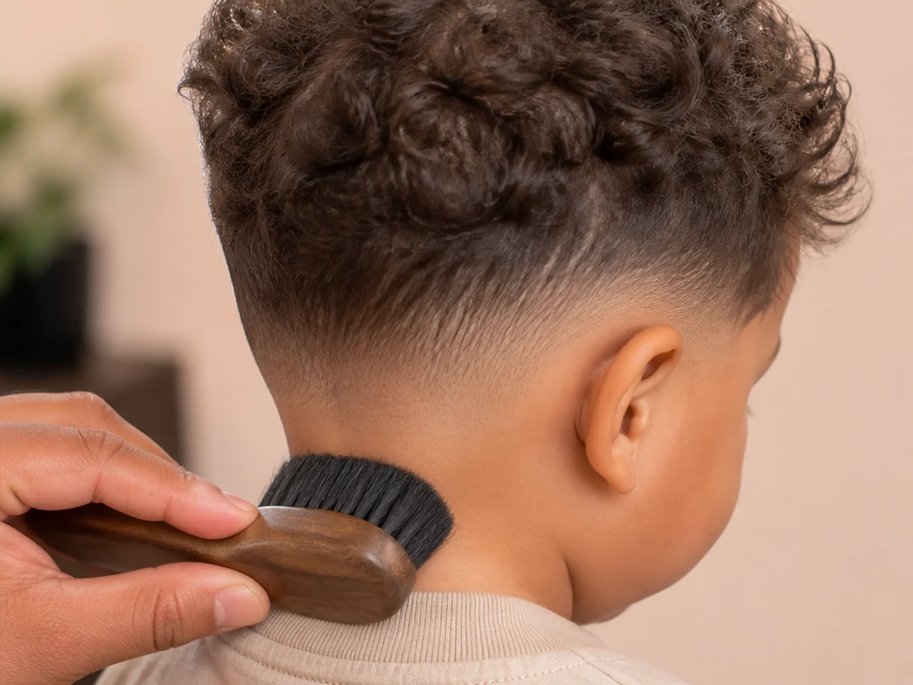 A soft brush being run over a toddler's tapered neckline