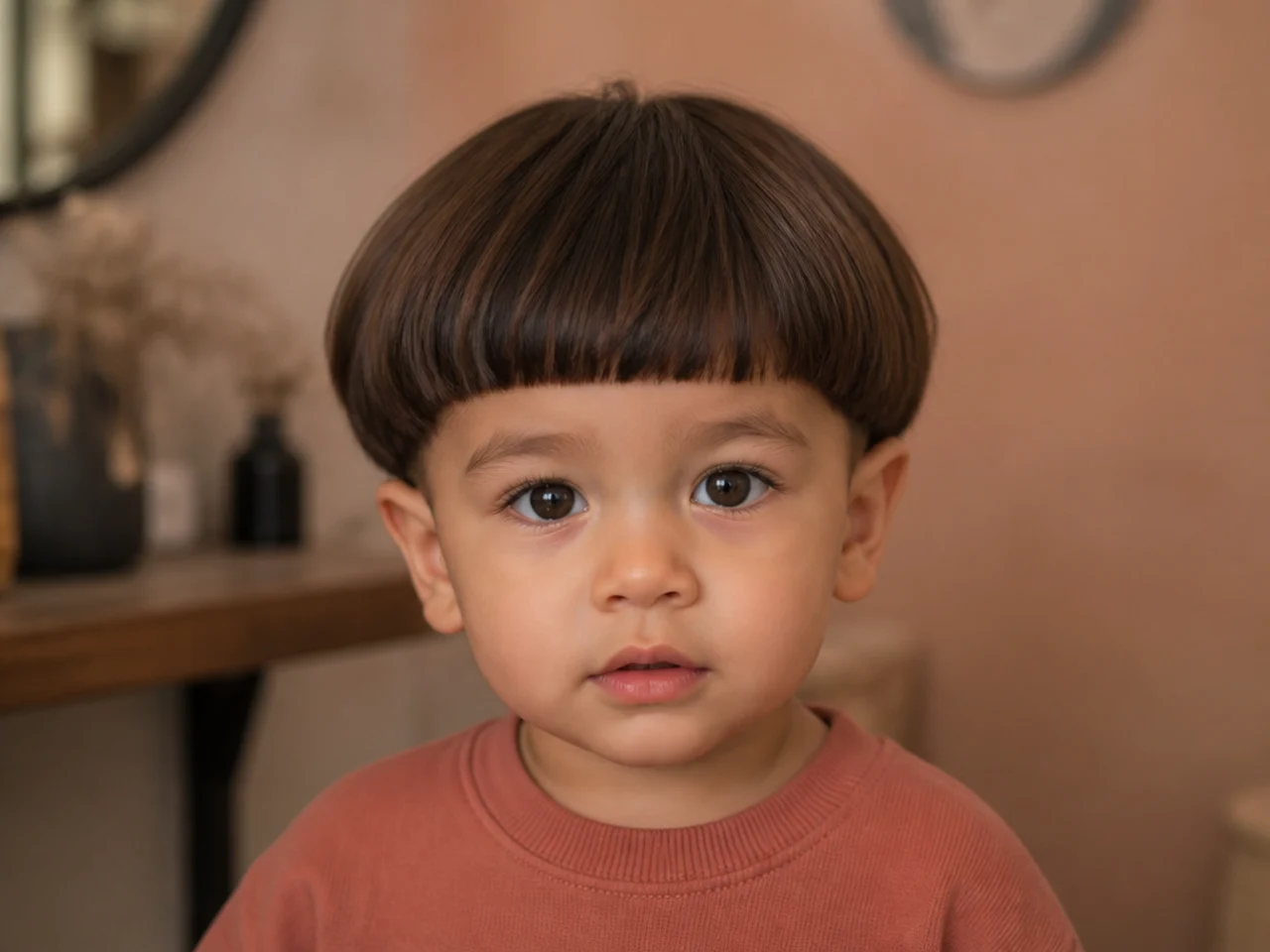 A toddler with a rounded bowl-shaped haircut