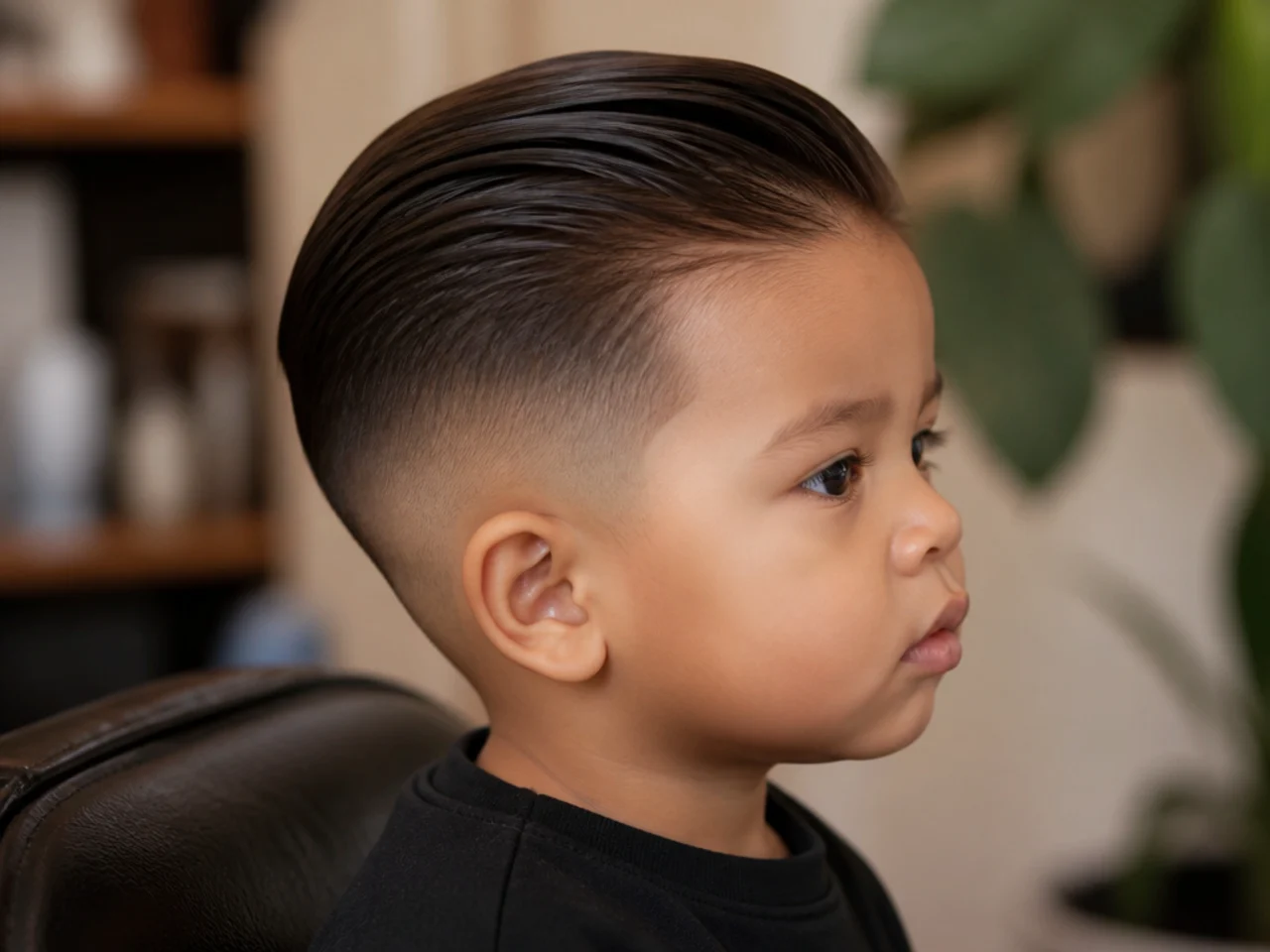 A neat slicked-back children's haircut