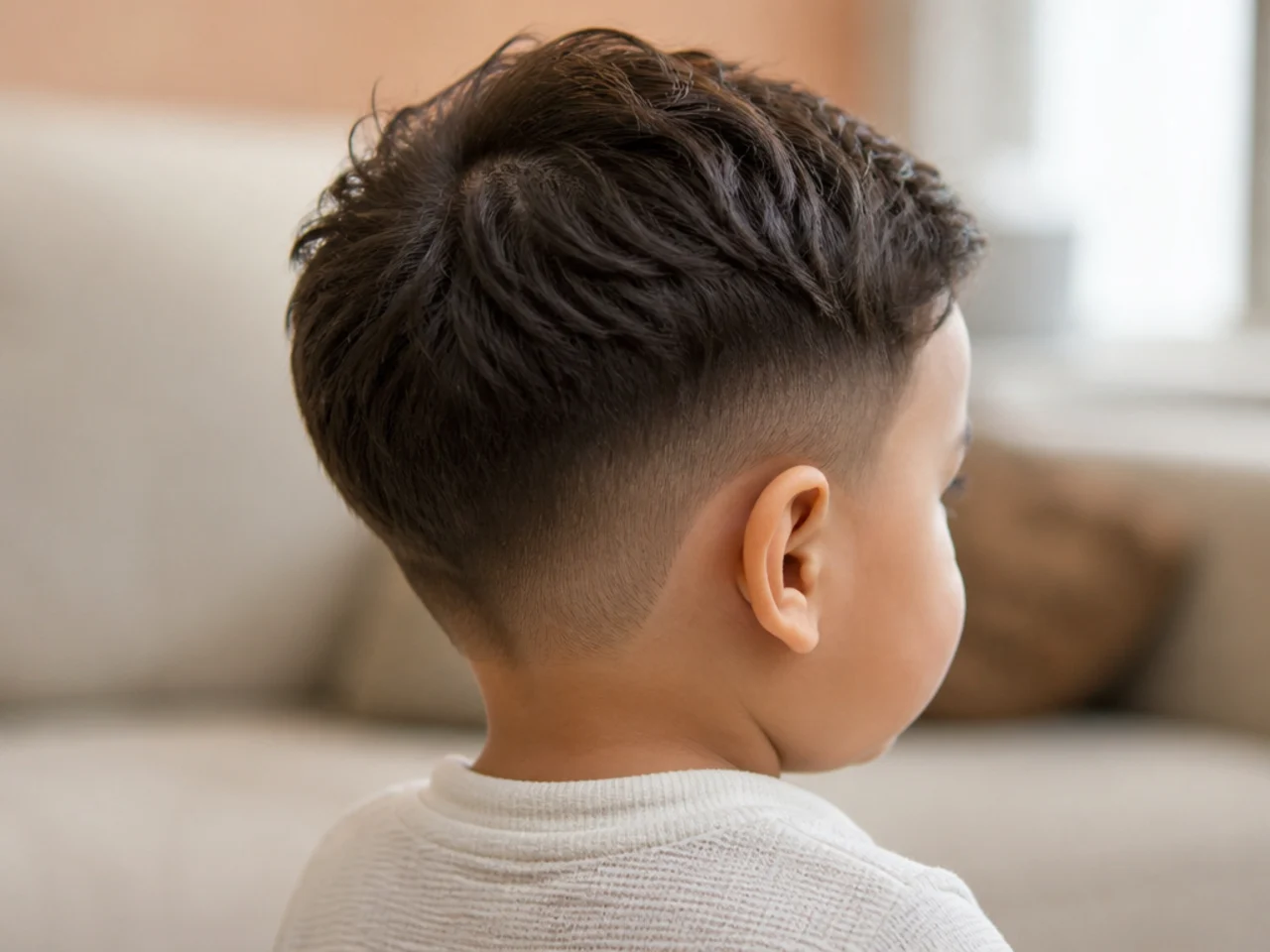 A short back and sides haircut on a child with thick hair