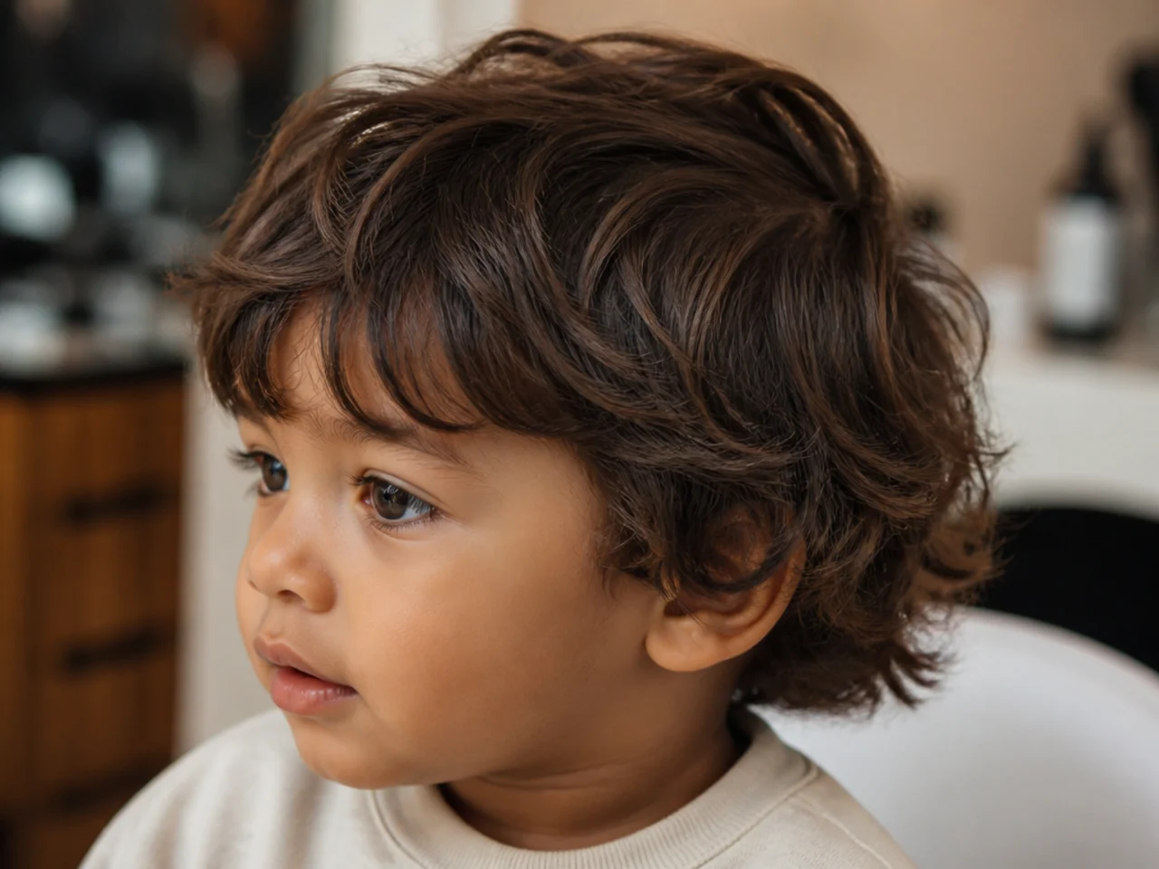A child with longer grown-out layered hair