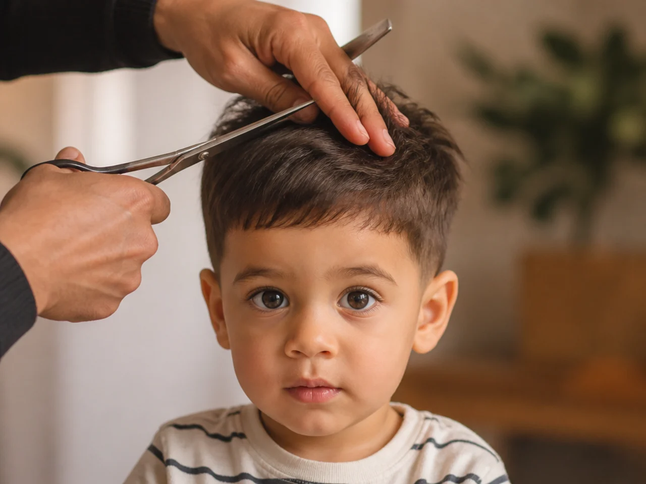 A toddler having his hair cut with scissors over fingers