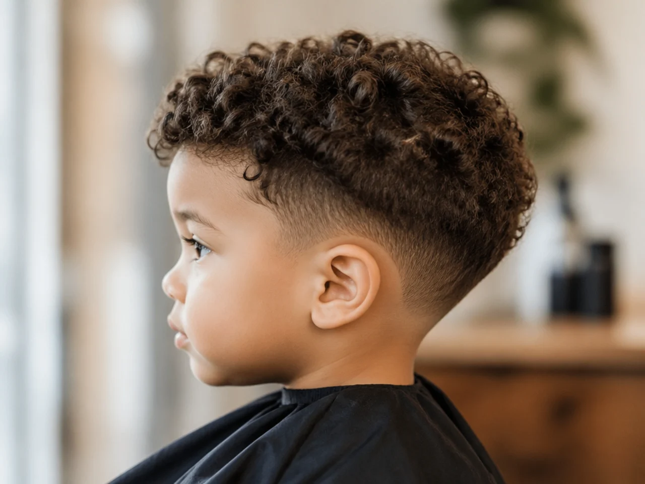 A toddler with curly hair on top and a tapered neckline