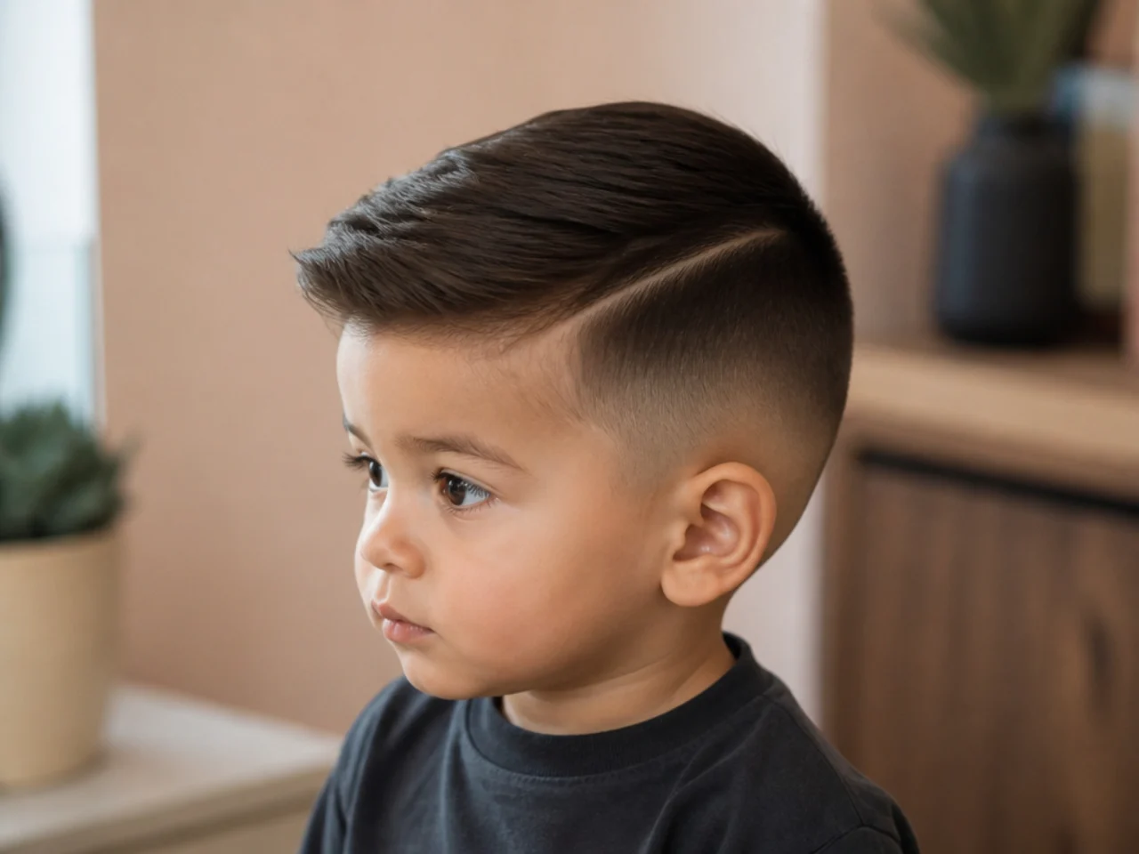 A toddler haircut photographed from one side only