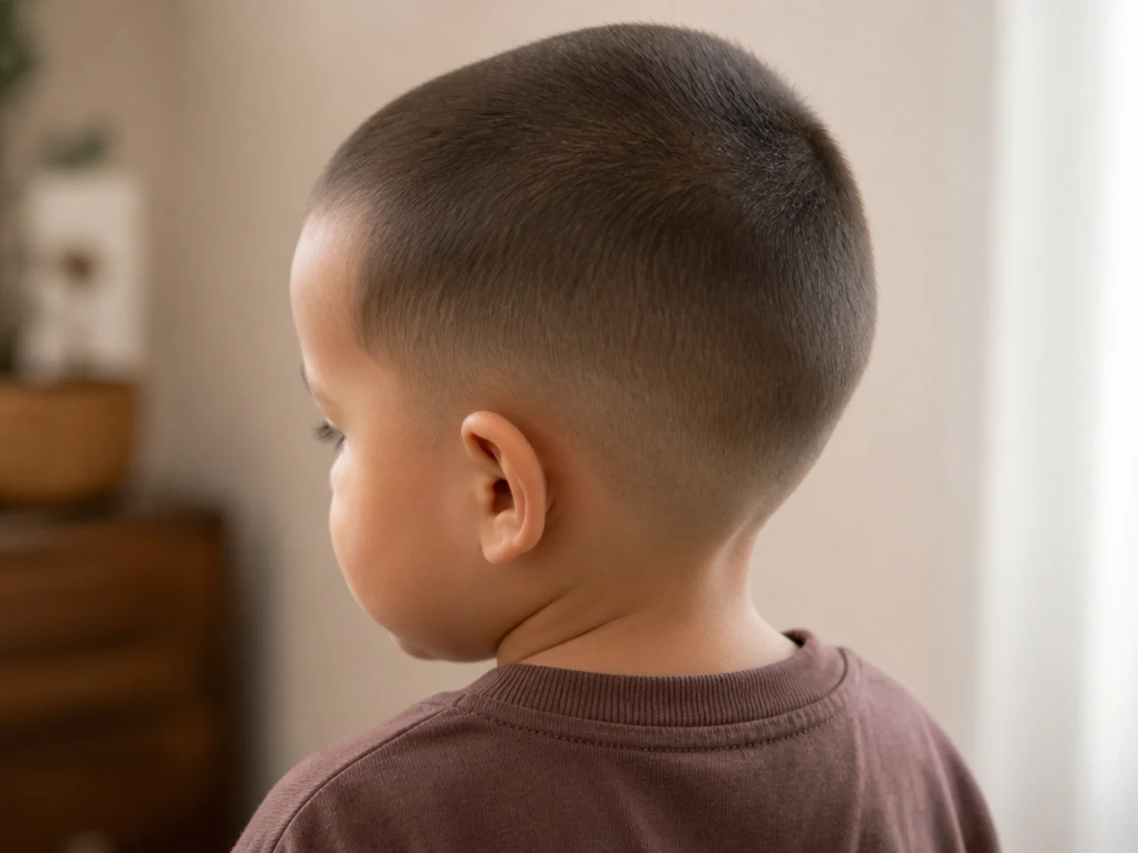 A toddler with a short even buzz cut