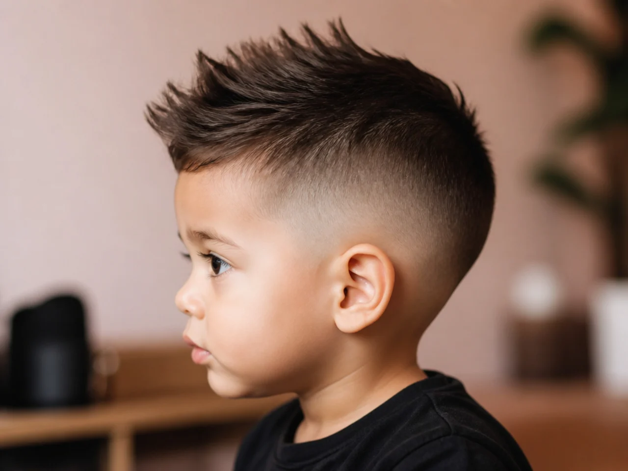 A toddler with a faux hawk shape on top
