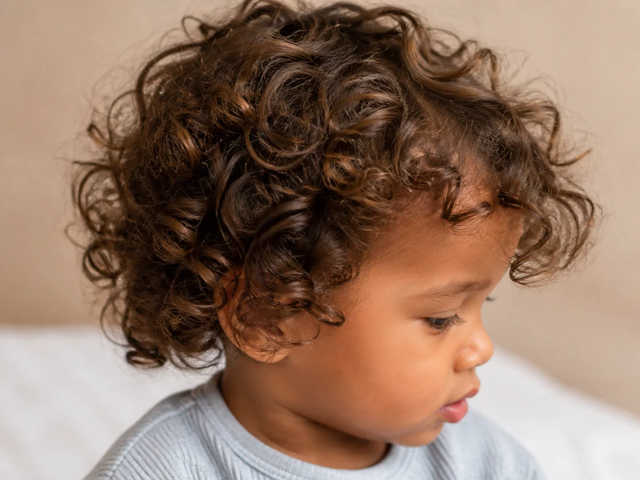A toddler with longer curly hair left uncut