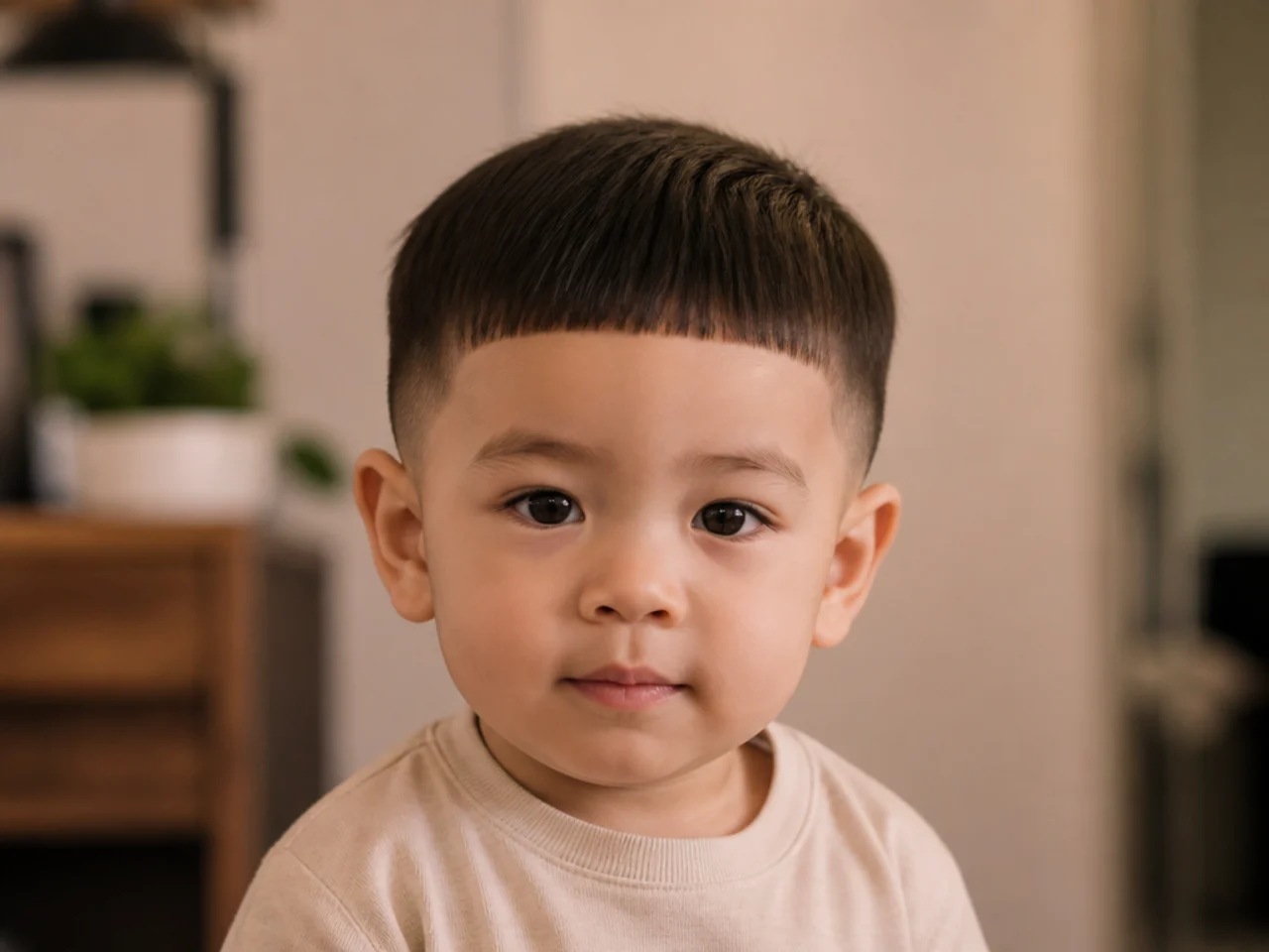 A toddler with a blunt fringe cut straight across