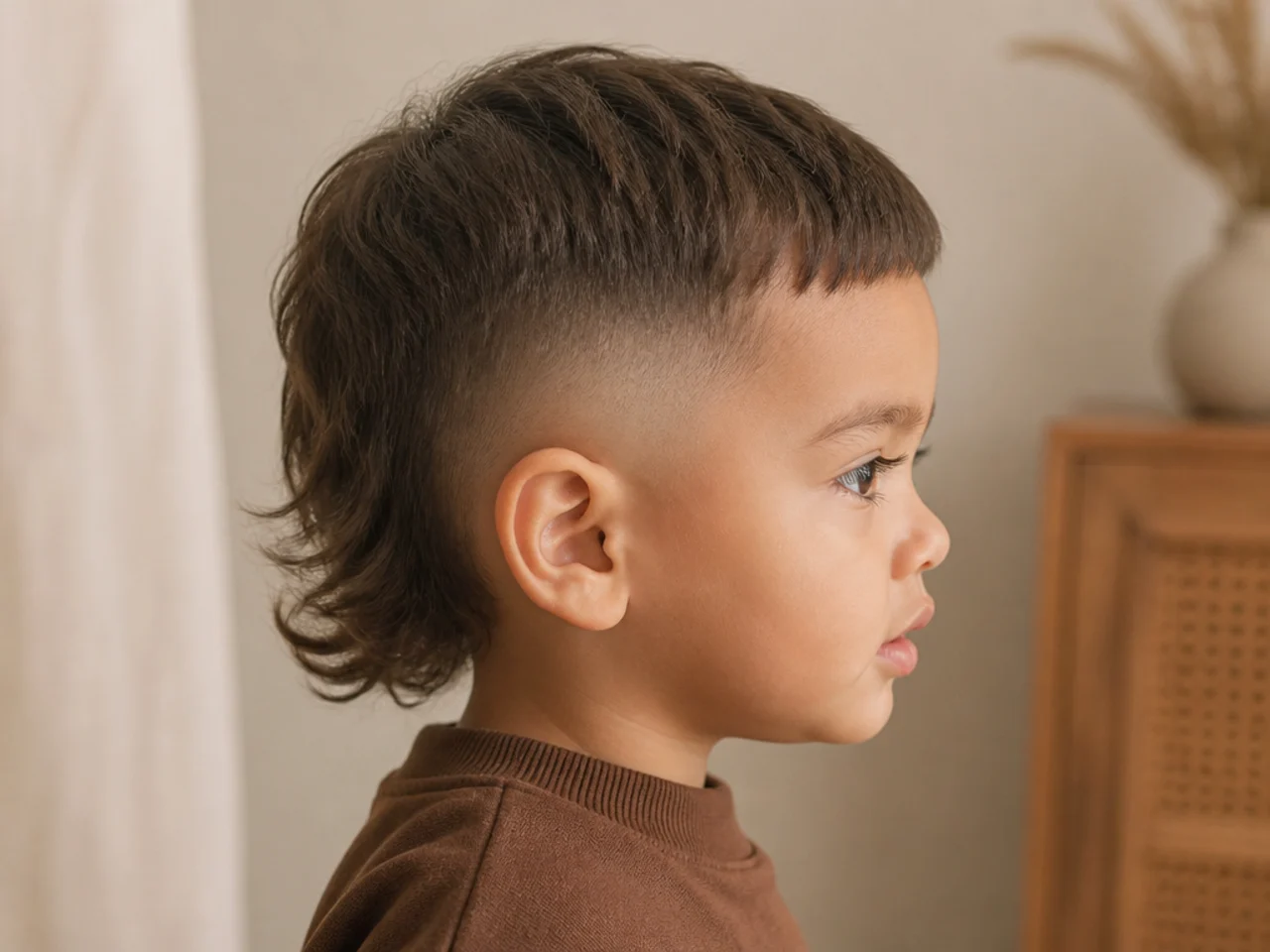 A toddler with longer hair at the back and a short fringe
