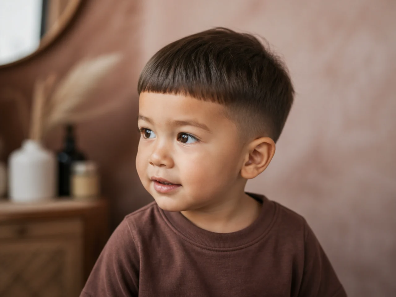 A simple finished toddler haircut with a blunt fringe