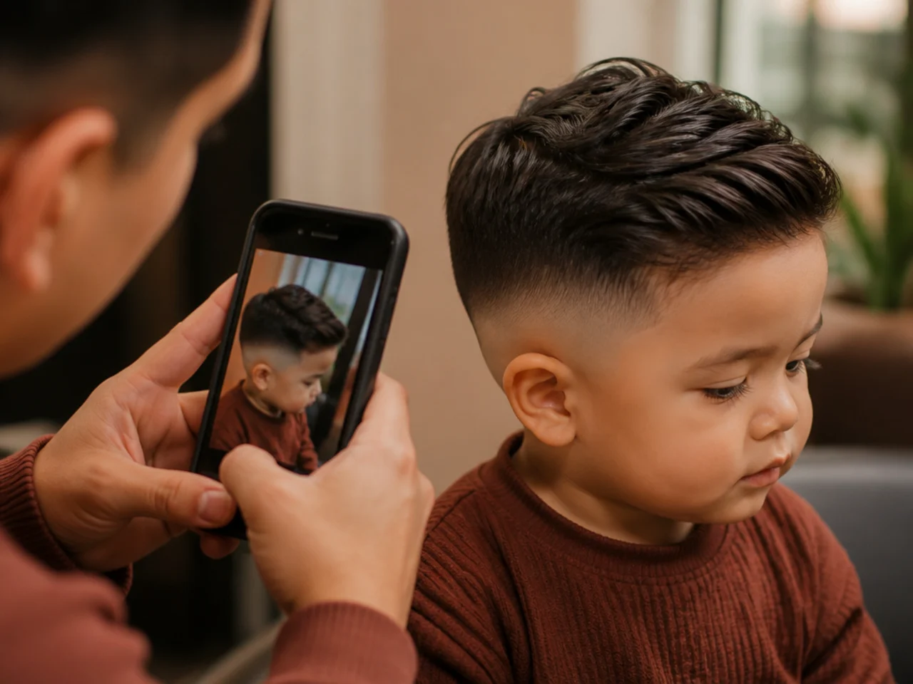 A parent photographing a finished toddler haircut