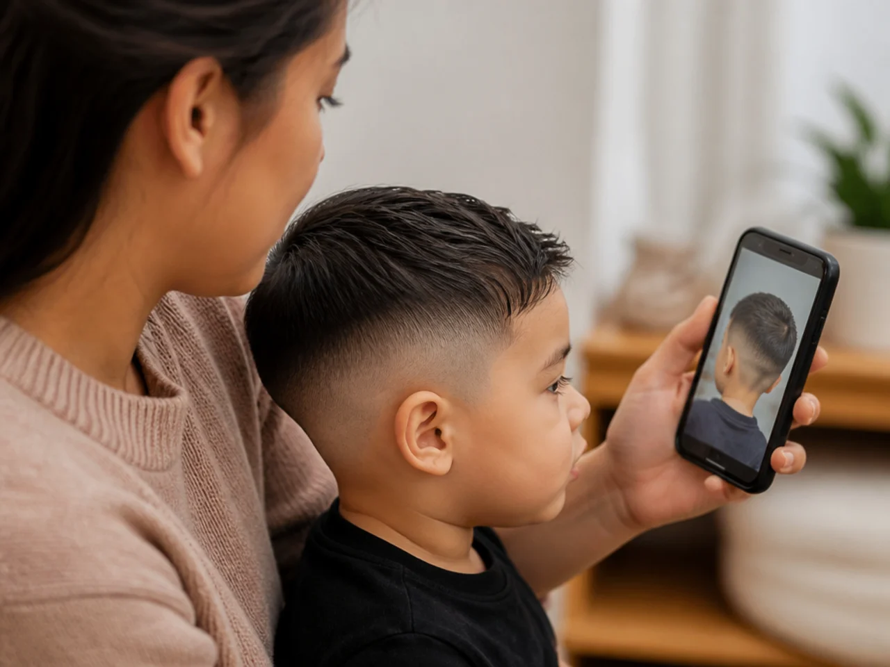 A parent looking at saved haircut photos on a phone
