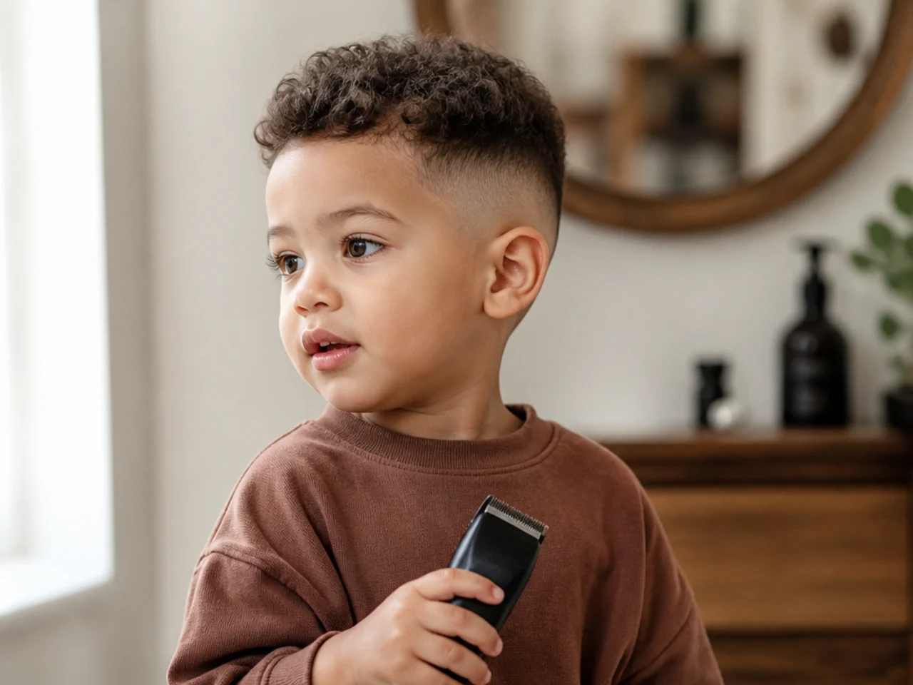 A toddler holding a switched-off clipper