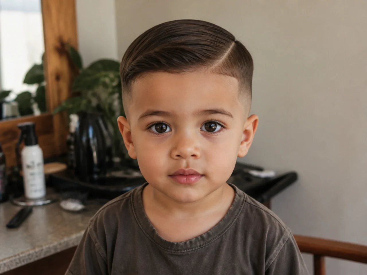A toddler in an old t-shirt ready for a home haircut