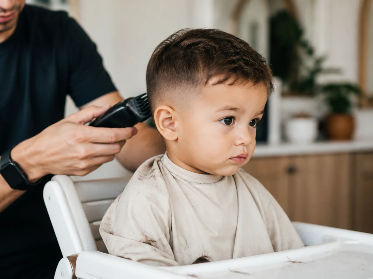 A toddler in a high chair having the back of his hair cut