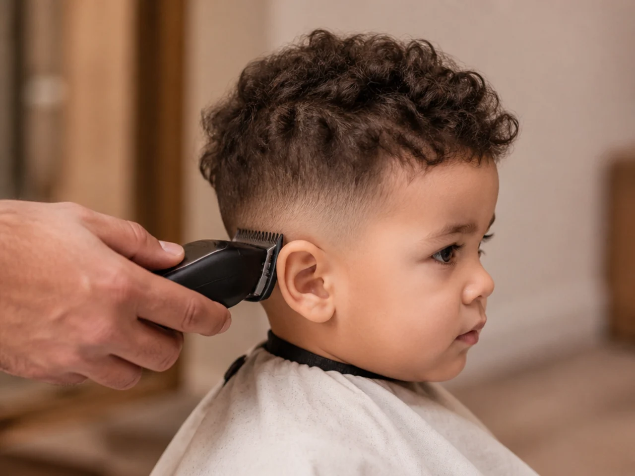 A hair clipper being held at arm's length
