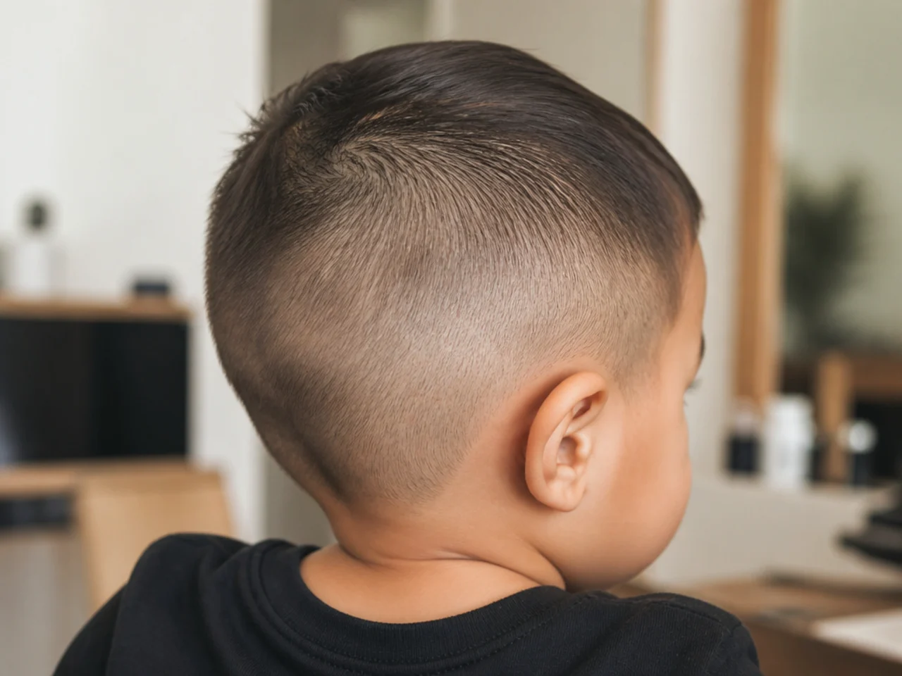 A toddler with very short sides showing scalp through fine hair
