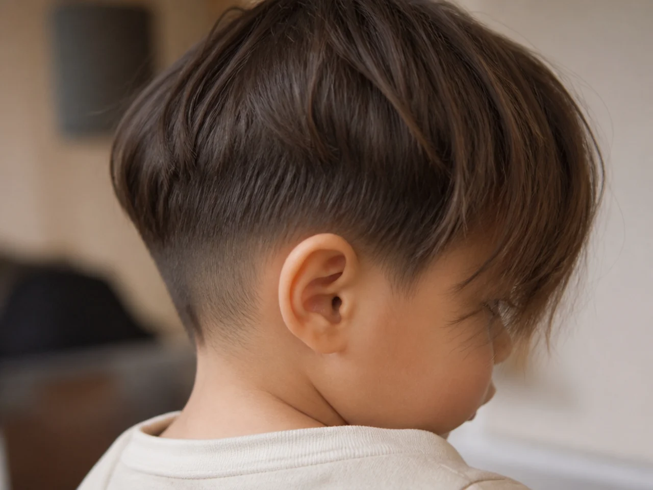 A toddler with a tidy back and a long fringe