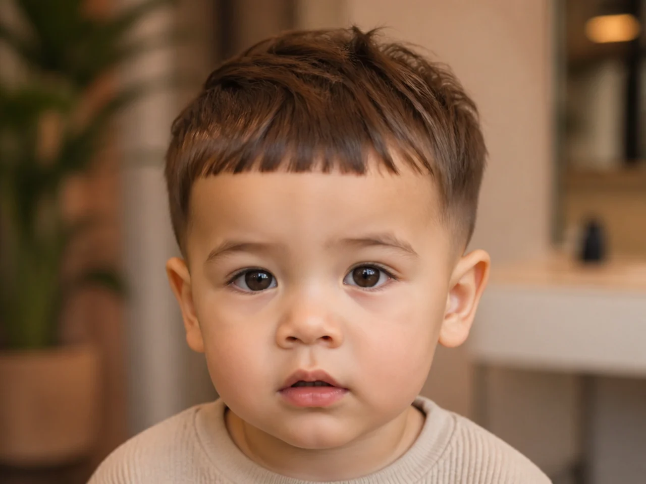 A toddler with a short blunt fringe