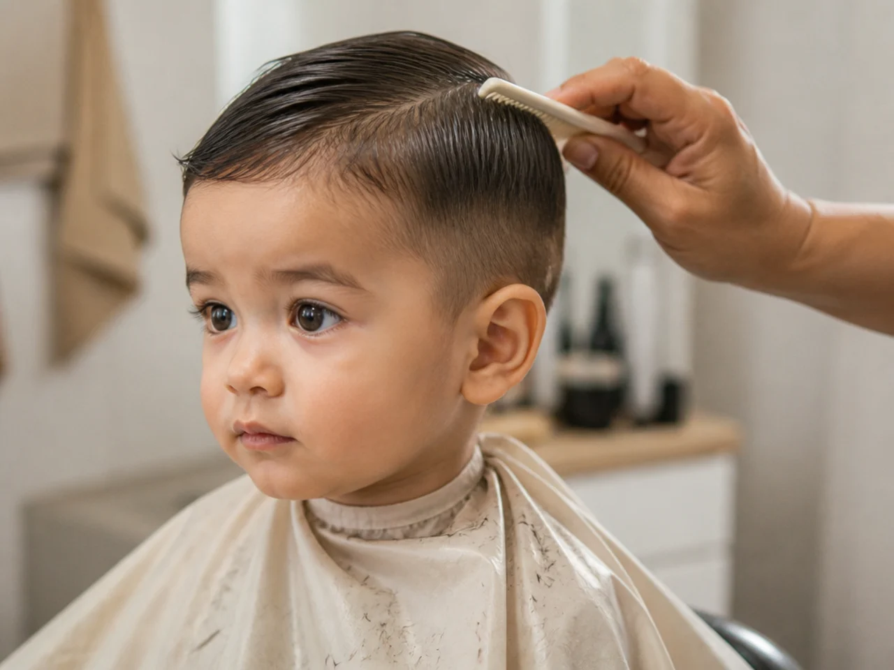 Damp fine toddler hair being combed flat