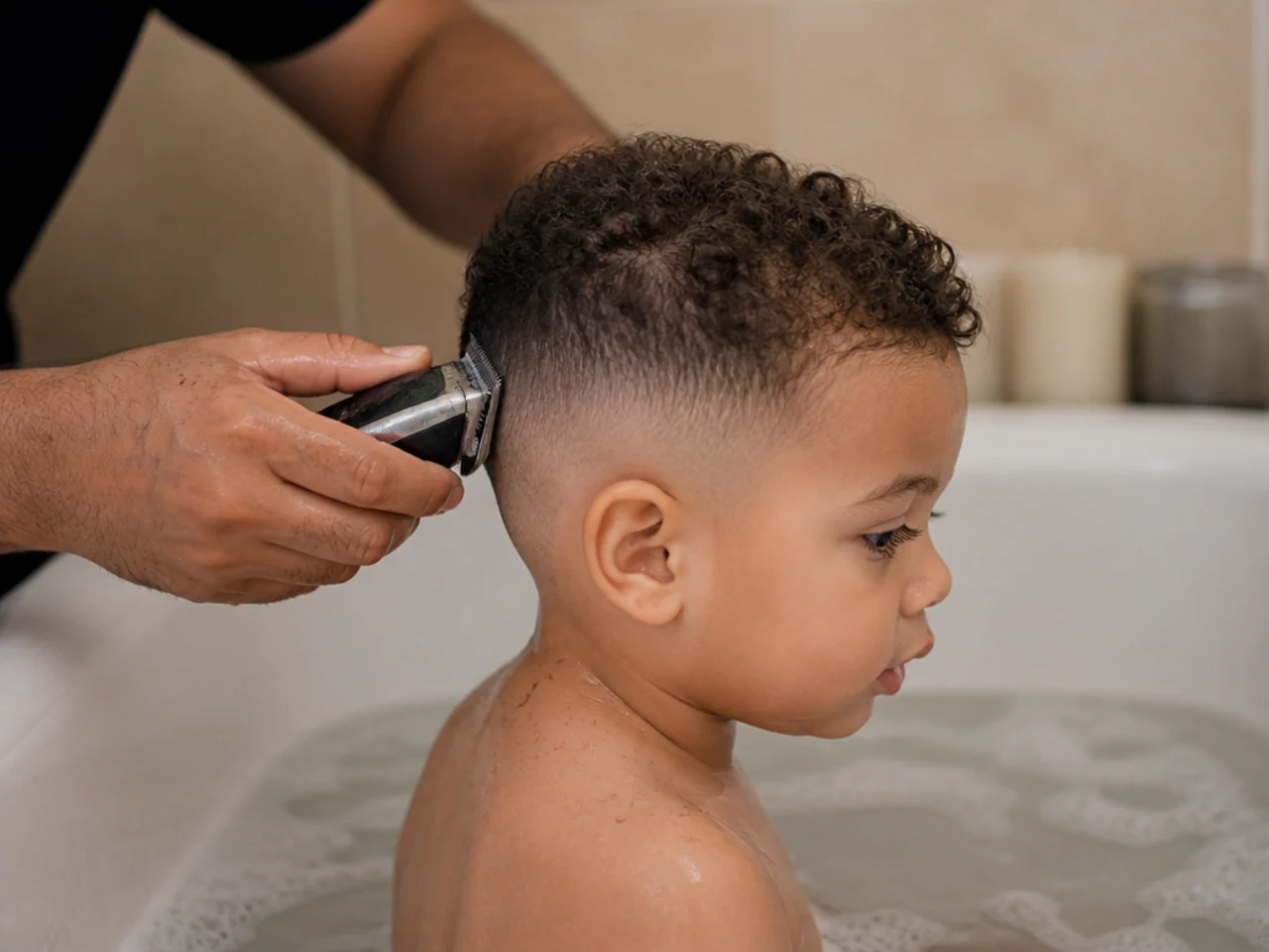 A toddler having his hair trimmed in the bath