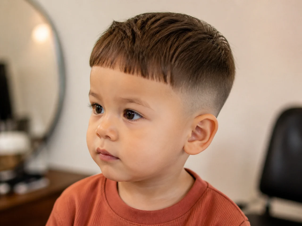A finished toddler haircut with a blunt fringe and short sides