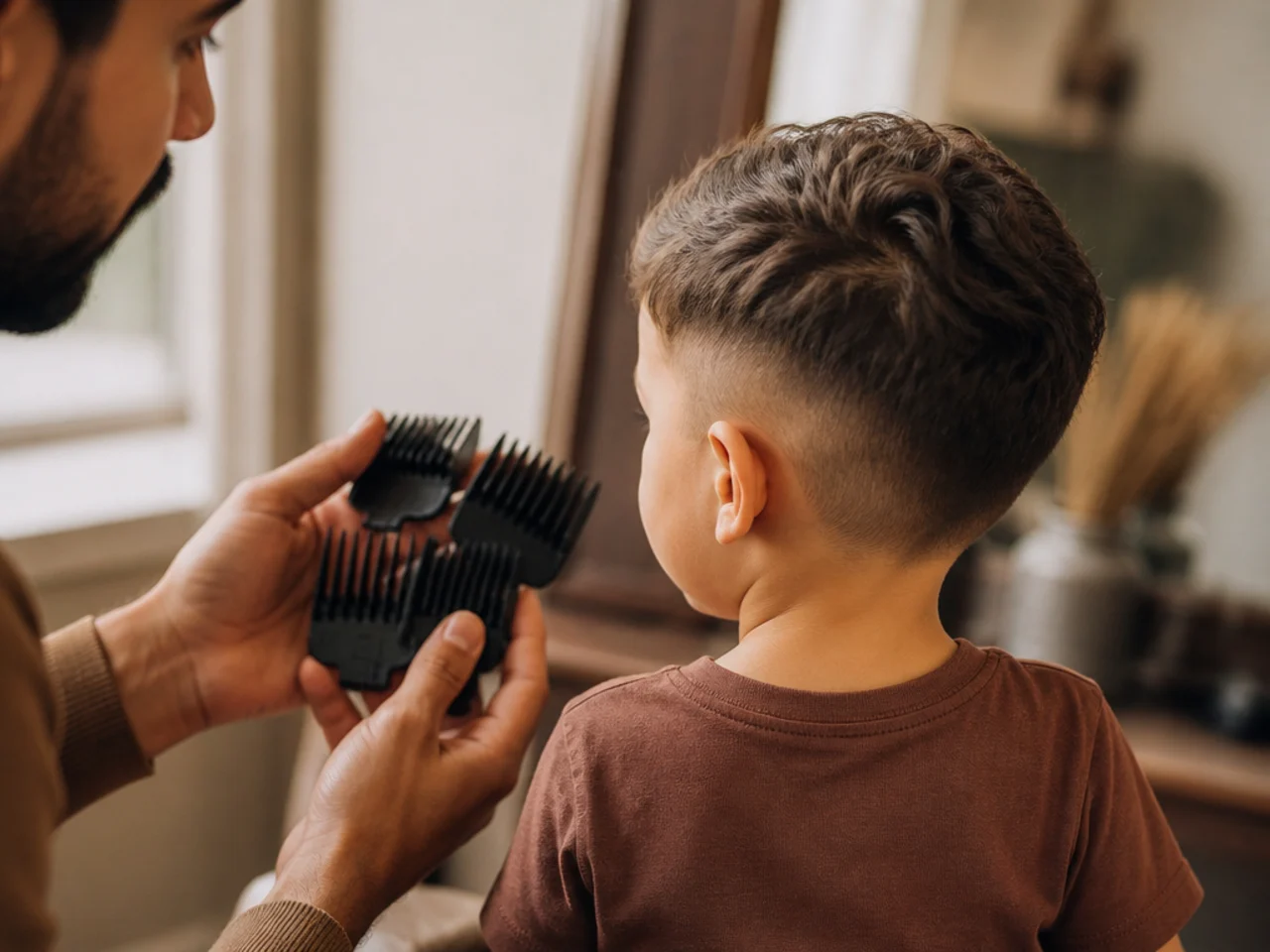 A parent holding clipper guards beside a toddler