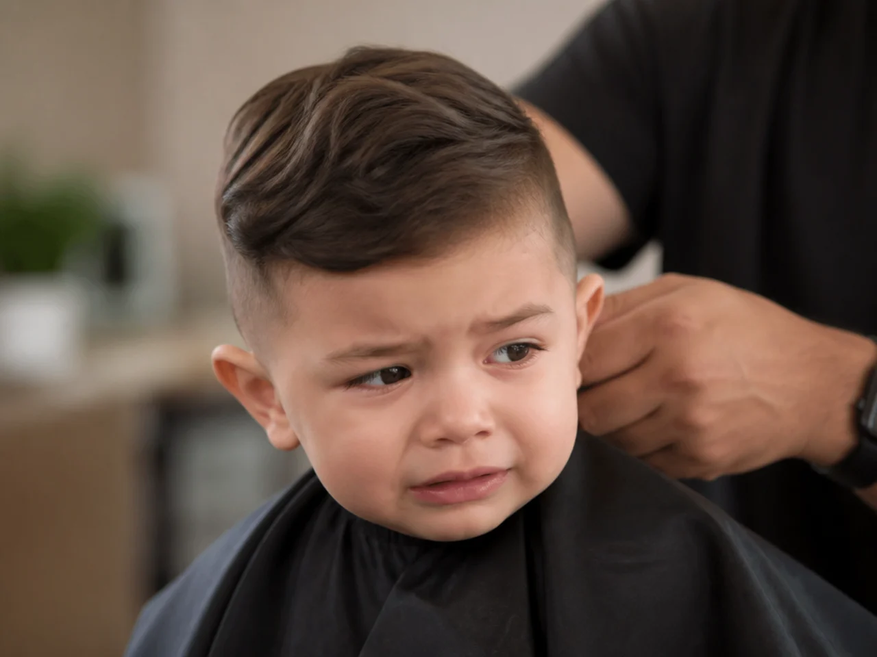 A toddler turning away during a haircut