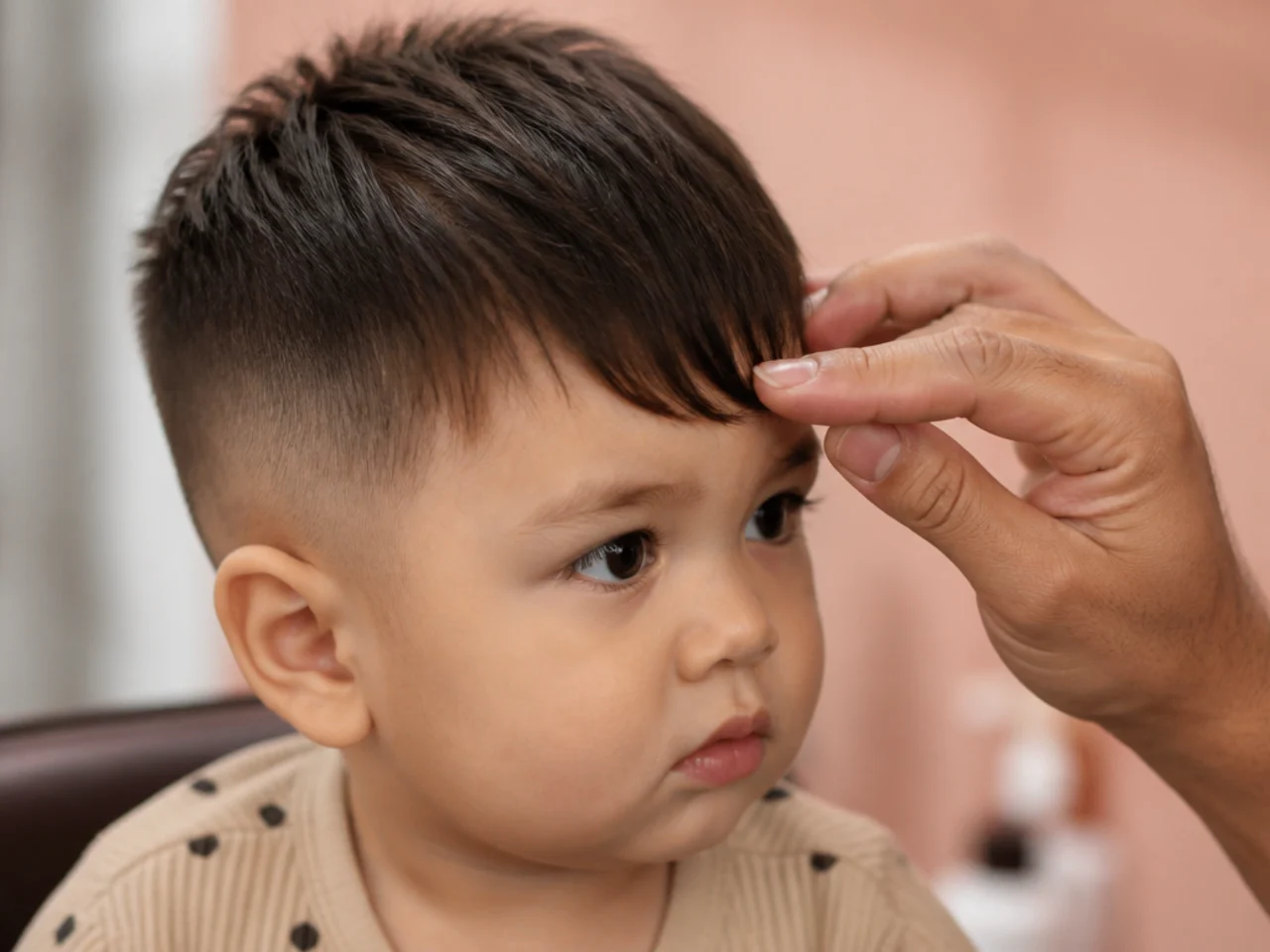 A parent checking a toddler's fringe length