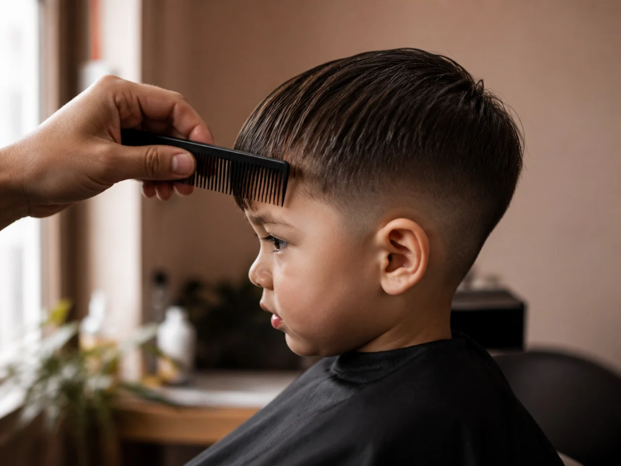 A parent combing a toddler's fringe before cutting it