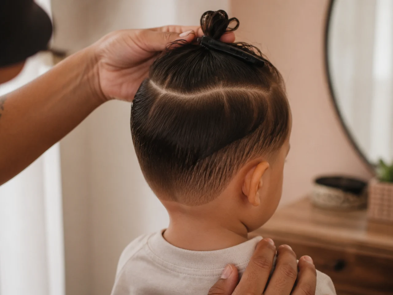 A parent sectioning a toddler's hair into quarters