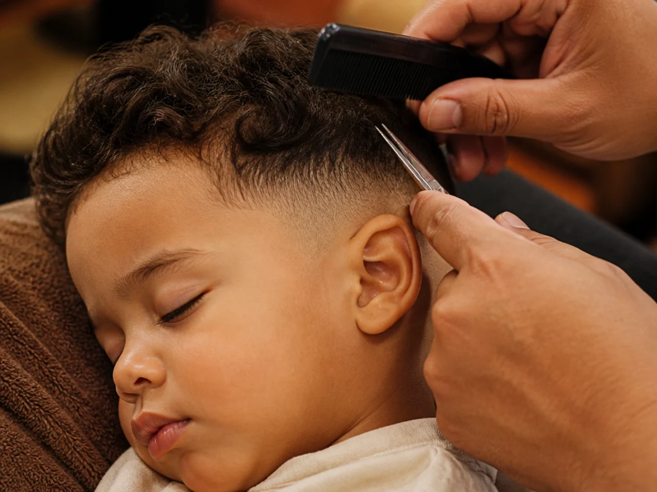 A sleeping toddler having a small section of hair trimmed