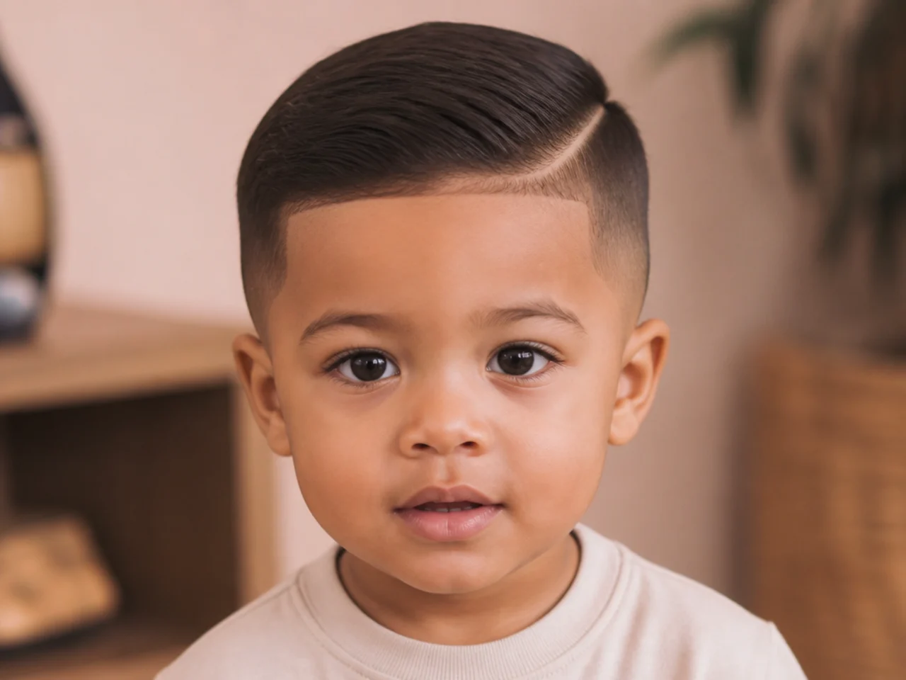A toddler with the hair over his ears trimmed short