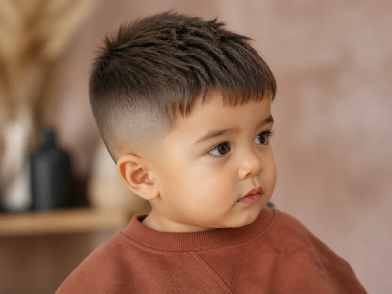 A toddler boy with a short crop cut over two sittings