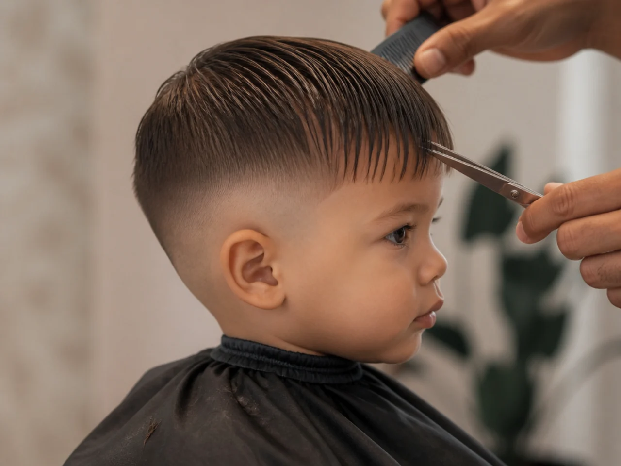 A toddler's fringe being trimmed first