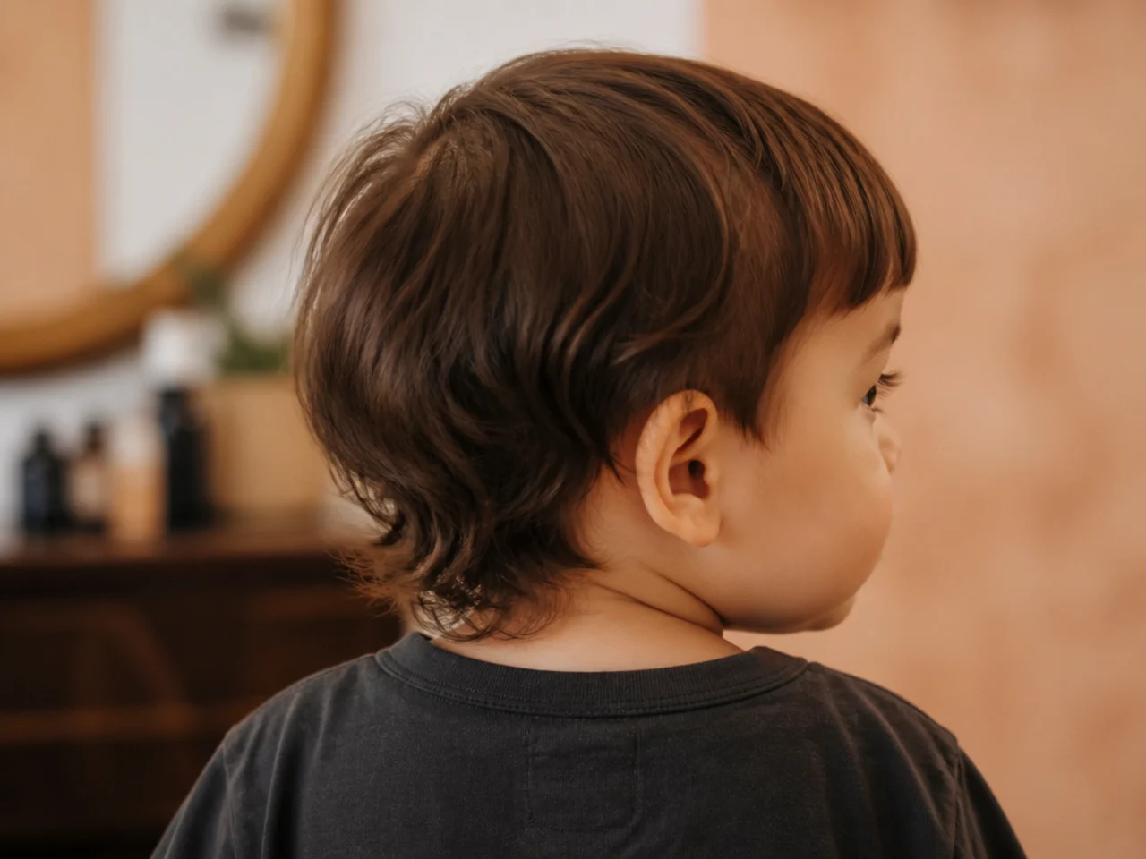 A toddler boy with only his fringe cut and the rest left long